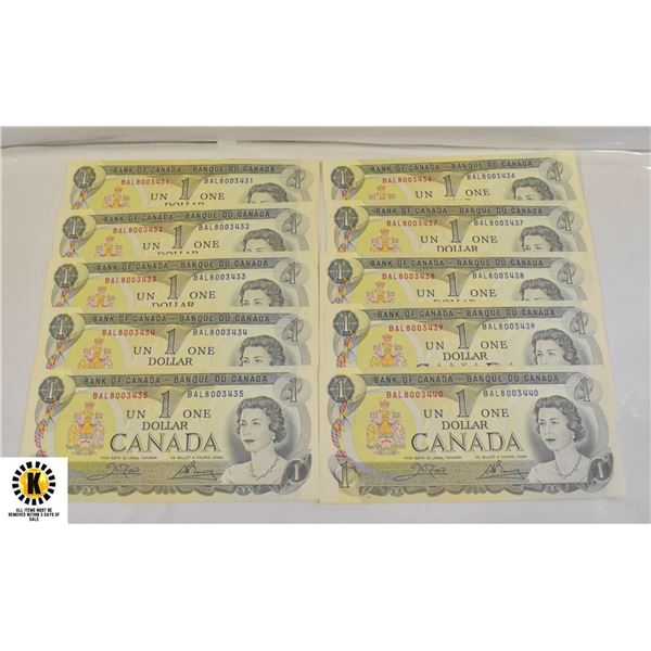 1973 LOT OF 10 IN SEQUENCE CANADA $1 DOLLAR NOTES