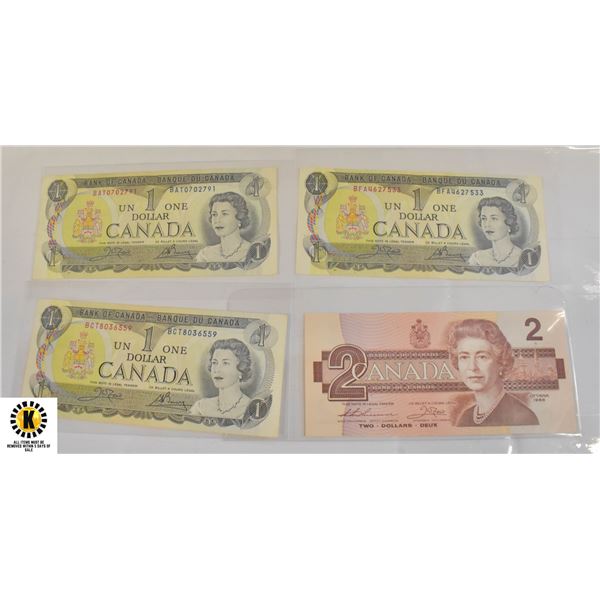 1973-1986 LOT OF 4 CANADA $1 AND $1 DOLLAR NOTES