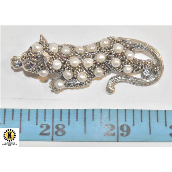 STERLING SILVER PEARL LION BROOCH WITH RUBY EYES