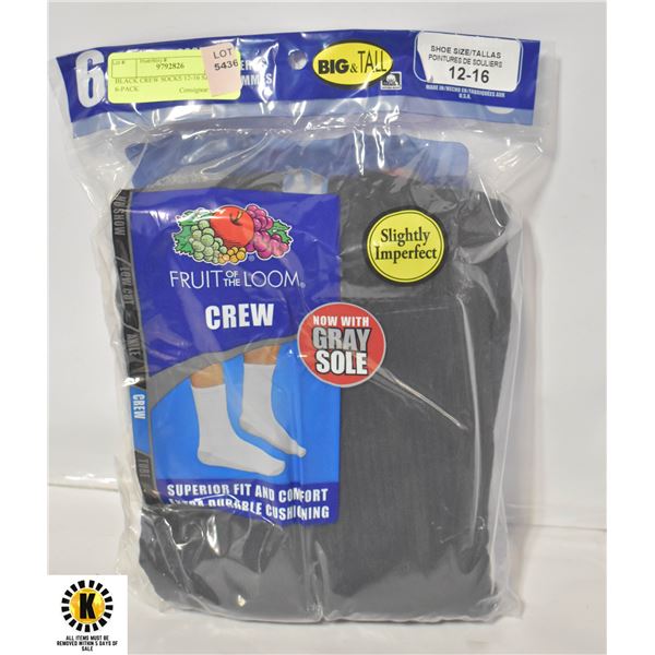 BLACK CREW SOCKS 12-16 SIZE 6-PACK