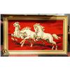 Image 1 : VINTAGE WOOD FRAMED FABRIC "GALLOPING