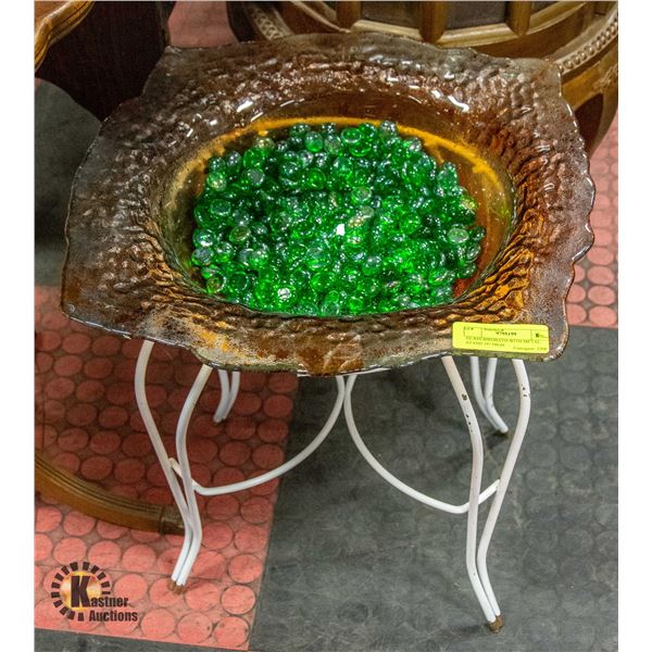 GLASS BIRDBATH WITH METAL STAND 19" HIGH