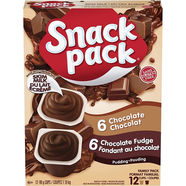 12 PUDDING SNACK PACKS - 6 CHOCOLATE, 6 CHOCOLATE