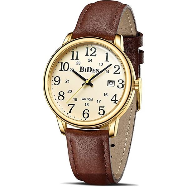 NEW BIDEN WATCH WITH BIG NUMBERS, LEATHER STRAP