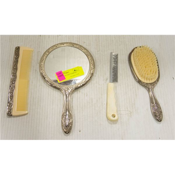 MIRROR, BRUSH AND COMB SET