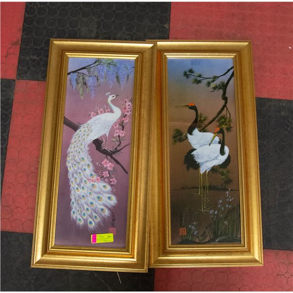 2 GOLD FRAMED CRANE AND PEACOCK PICTURES 14X30