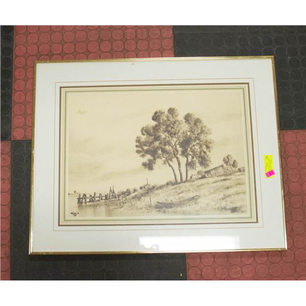 PENCIL SKETCH BOAT SCENE SIGNED FRAMED MATTED