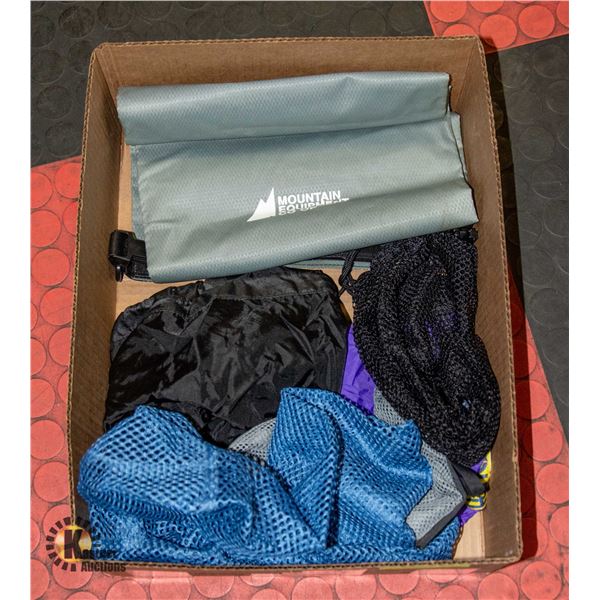 BOX OF VARIOUS HIKING/CAMPING/BOATING BAGS