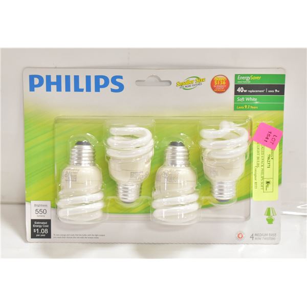 NEW SEALED 4 PACK PHILIPS SOFT WHITE LIGHT BULBS