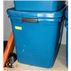 TWO BLUE RUBBERMAID STORAGE TOTES WITH