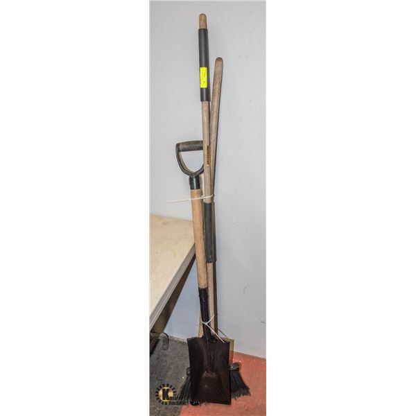 SHOVEL, GARDEN HOE AND BROOM