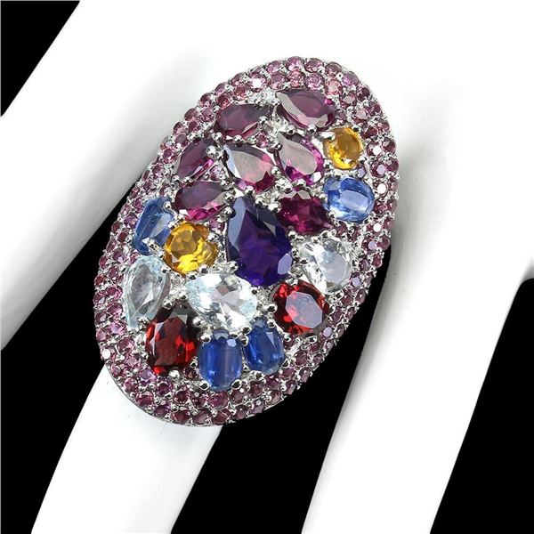 Natural Amethyst Aquamarine Kyanite Garnet Coccktail Ring