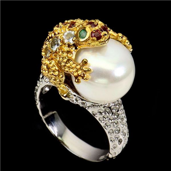 Natural Aquamarine Emerald Pearl Frog Ring