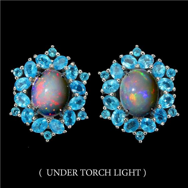 Natural Ethiopian White Opal & Paraiba Blue Apatite Earrings