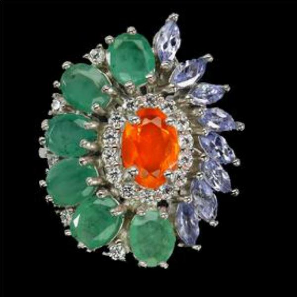 Natural Orange Opal &Colombian Emerald Ring