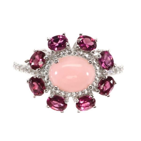 Natural Ethiopian Pink Opal Rhodolite White Topaz Ring