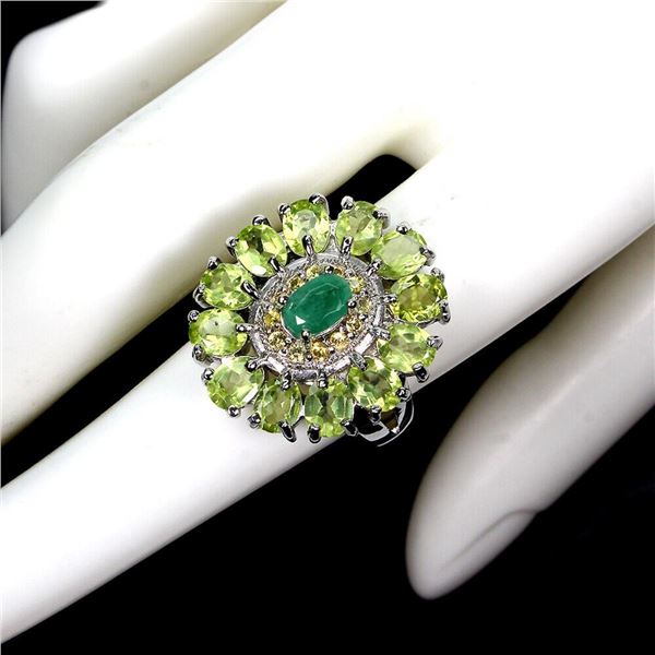 Natural Colombian Emerald  Peridot Sapphire Ring