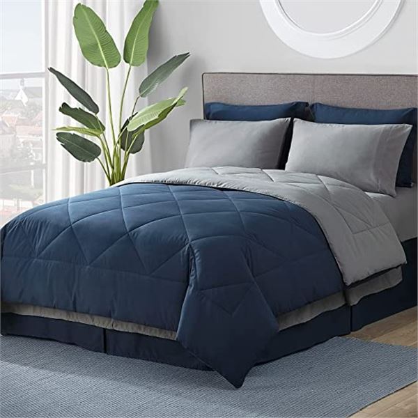 Lot of 1 Bedsure Essentials 8PC Bed-In-A-Bag - Solid Navy/Gray - Queen - 88x88inch