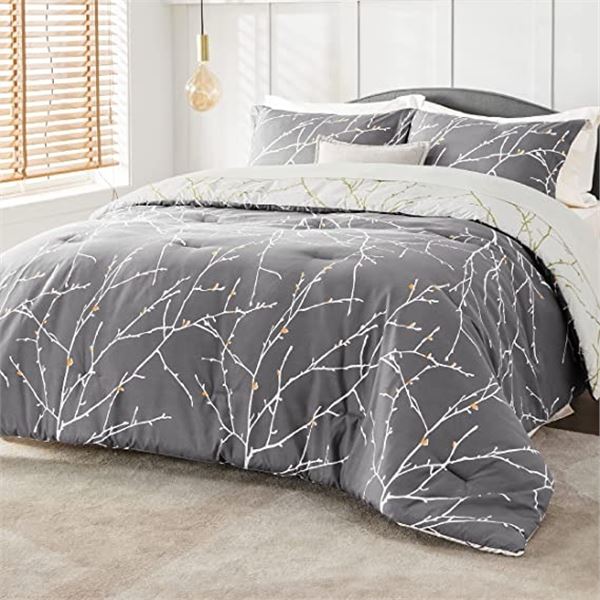 Lot of 1 Bedsure Collections Comforter Set - Full/Queen Size - Grey Branch Design