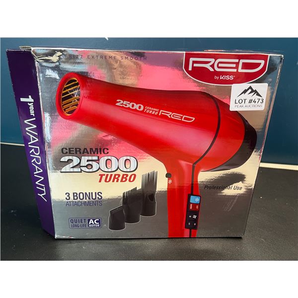 Lot of 1 Red by Kiss Ceramic 2500 Turbo Hair Dryer