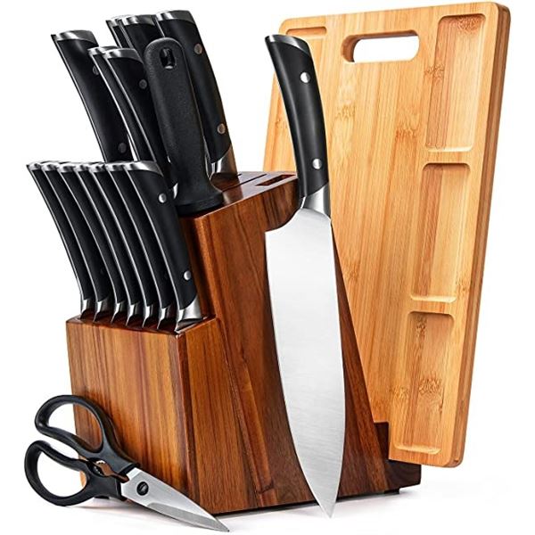 Lot of 1 18PC Kitchen Knife Block Set w/ Bamboo Cutting Board