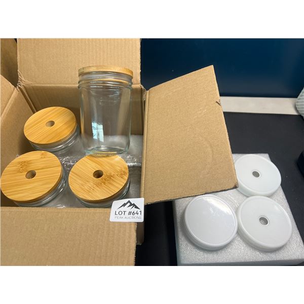 Lot of Reuable Cups w/ Bamboo Lids & Metal Straws - 4PCS