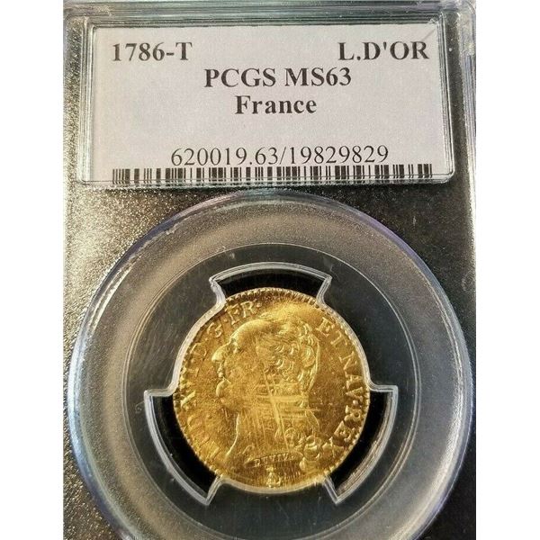 1786 T FRANCE GOLD LOUIS D'OR L.D'OR PCGS MS 63 HIGH GRADE .2255 oz Gold weight.