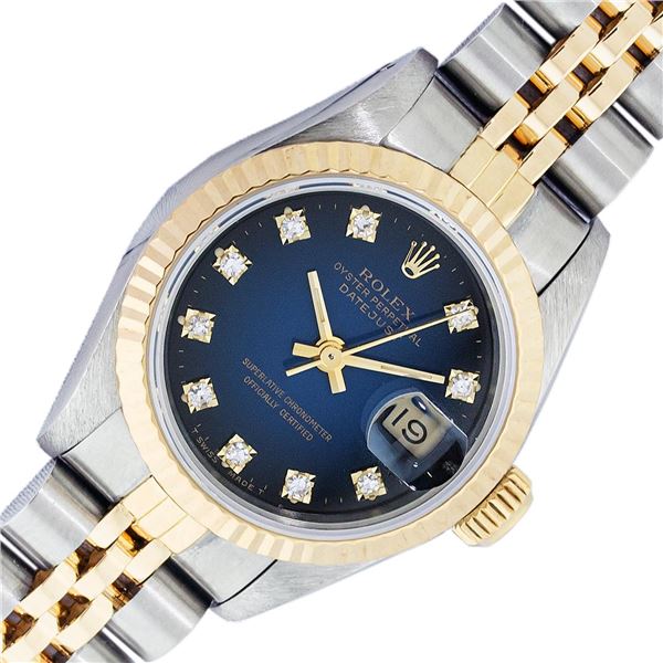 Rolex Ladies 2T Quickset Factory Blue Vignette Diamond Dial With Papers & Box