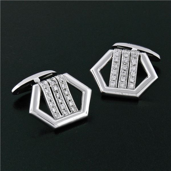 14K White Gold .60 ctw Ideal Round Brilliant Pave Diamond Open Hexagon Cuff Link