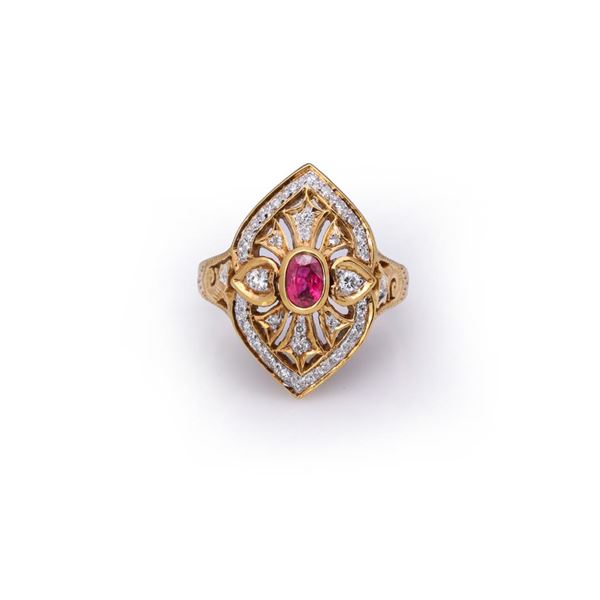 18k Yellow Gold Ruby & Diamond Art Deco Style Ring
