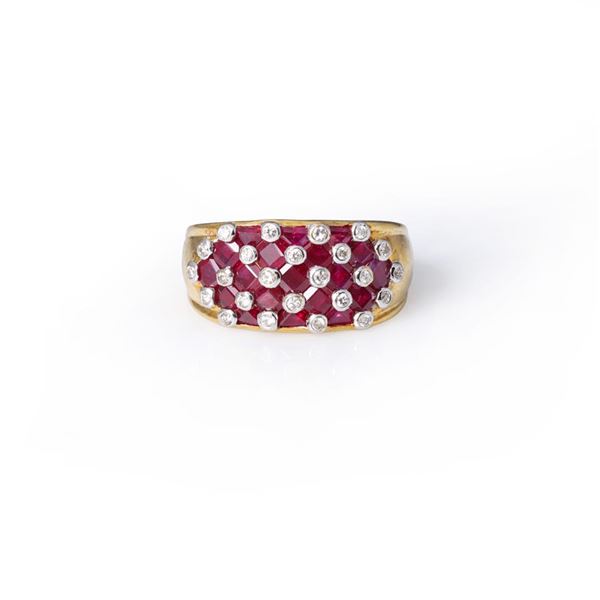 Unusual 18k Yellow Gold Invisible Set Ruby & Diamond Ring
