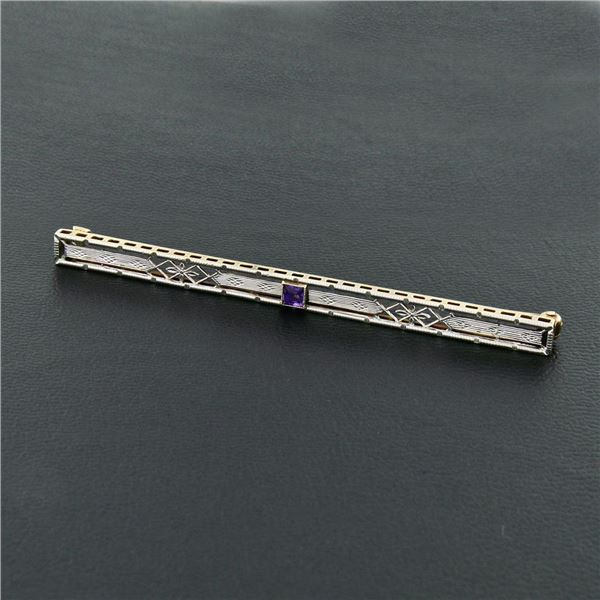 Antique 14k Gold Platinum Top 5pt Square Amethyst Milgrain Etched Bar Pin Brooch