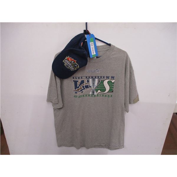 *Saskatchewan Roughriders 2006 and 2007 Grey Cup Hat and Shirt - Size XL (Stain on Sleeve)