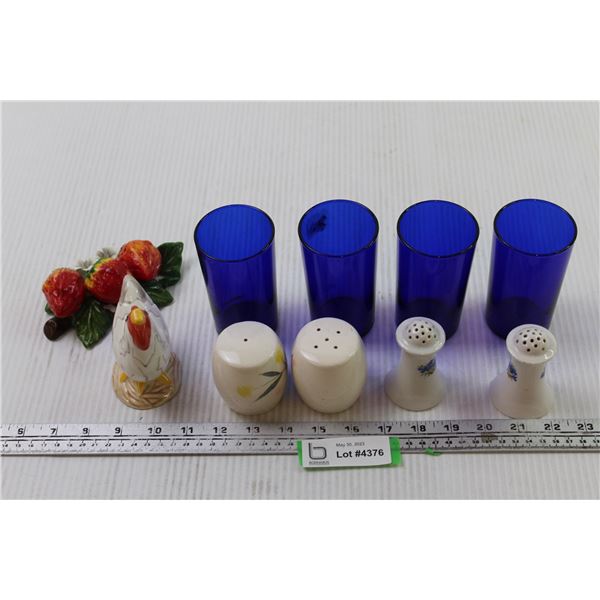 (4) Blue Cups+(5) Salt and Pepper Shakers+ Strawberry Decoration