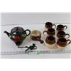 Image 1 : Vintage Electric Teapot+Glazed Pottery Creamer and Cups and Soup Bowl