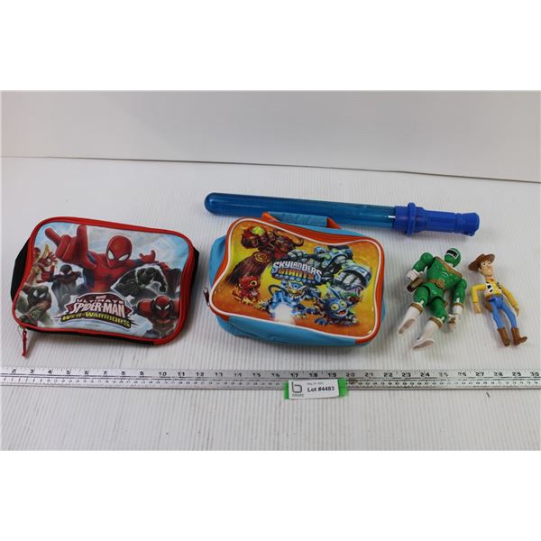 Bubble Maker + (2) Lunch Kits + Power Ranger Action Figure + Woody Action Figure