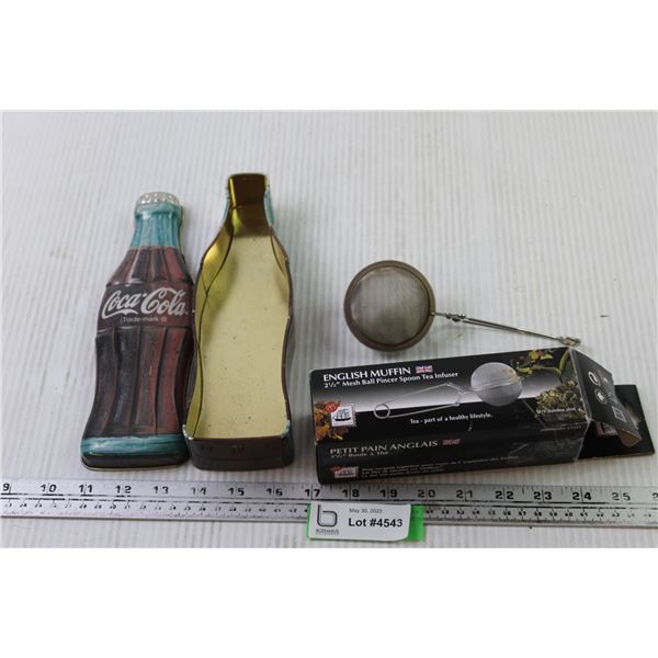 2 1/2  Mesh Ball Pincer Spoon Tea Infuser+ Tin Coca Cola Bottle Container