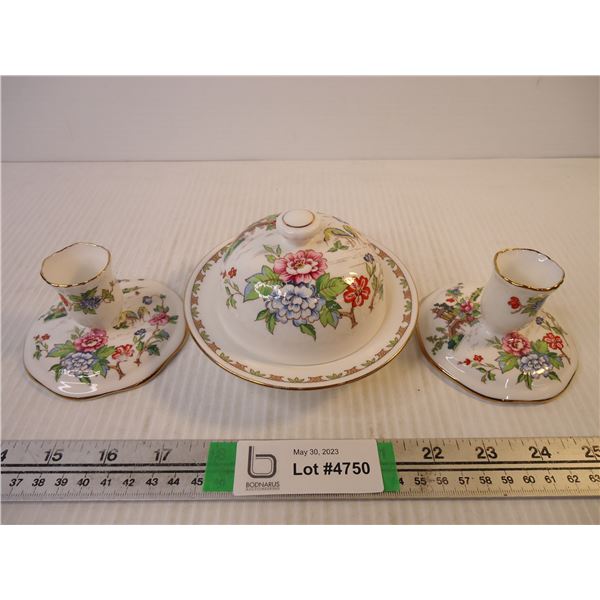 Crown Staffordshire Pagoda Round Covered Mini Butter Dish and (2) Candle Holders