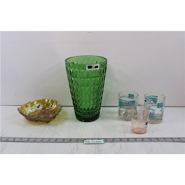 Large Green Vase, Candy Dish, and (3) Assorted Glasses