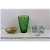 Image 1 : Large Green Vase, Candy Dish, and (3) Assorted Glasses