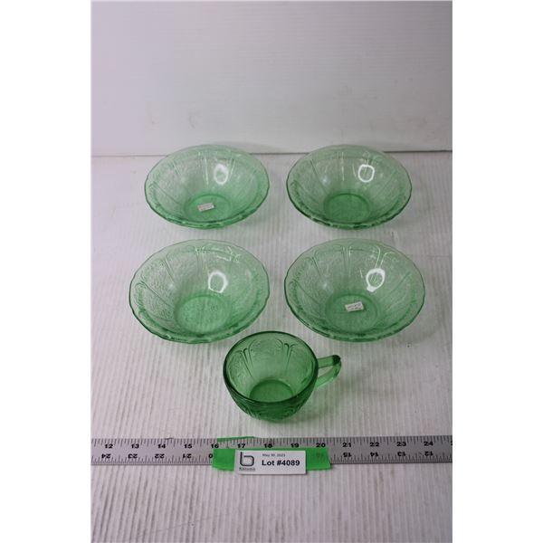 (4) Green Glass Bowls and Mug