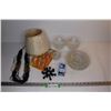 Image 1 : Assorted Glass Plates - Lamp Shade - Beaded Necklace - Dessert Bowls - Light Bulbs - Candle Holder