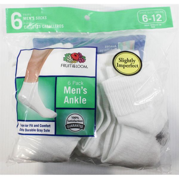 6 PAIRS FRUIT OF THE LOOM MENS ANKLE SOCKS