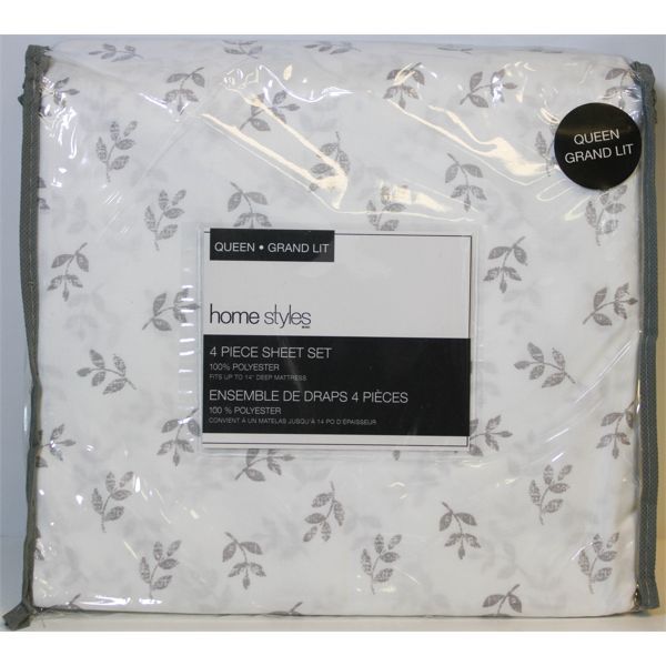 HOMESTYLES QUEEN 4 PCE SHEET SET - WHITE W/GREY LEAVES