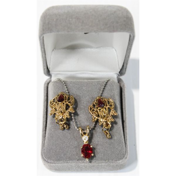 EARRING & NECKLACE SET - GOLD TONED W/ RED STONES 