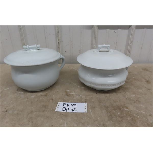 2 Vintage Porcelain Chamber Pots with Lids