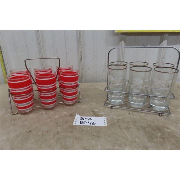 6 Vintage Red + White Striped Drinking Glasses with Chrome Holder, 