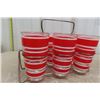 Image 3 : 6 Vintage Red + White Striped Drinking Glasses with Chrome Holder, 