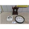 Image 1 : 3 Different Clocks; Wooden Mantle Clock, Round Antiquite De 