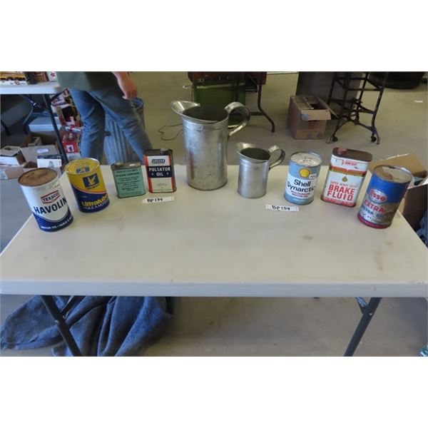 Texaco, Ultramar, Shell - Full Oil Tins, 1 Quart + 1 Gal Metal Pouring Jugs, 